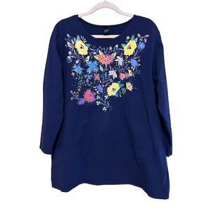 Sabaku Artwear Floral Fauna Birds Top Womens XL Blue 100% Cotton Boho Cottage